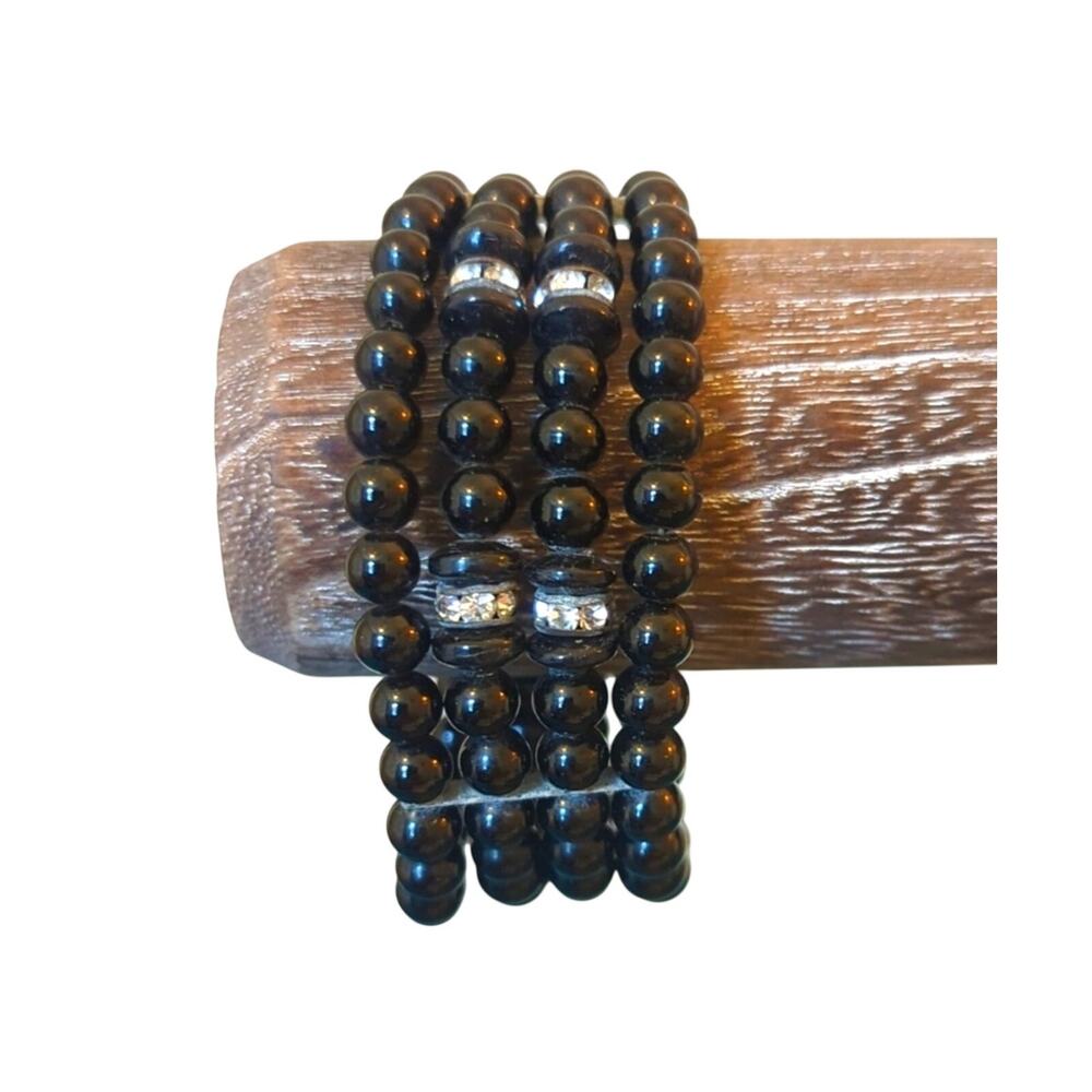 Vintage Four Strand Jet Black Glass Bead Coil Memory Wrap Mourning Bracelet